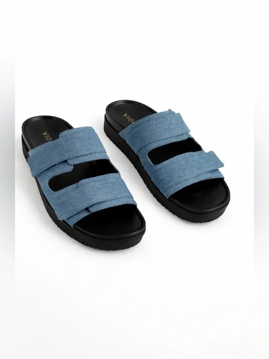 Vionic Riviera Platform Blue Denim Double Strap Slide Sandals Adjustable Velcro - Picture 2 of 15